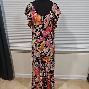 Orange Maxi Sundress with Flutter Cap Sleeves and Scoop Neck
